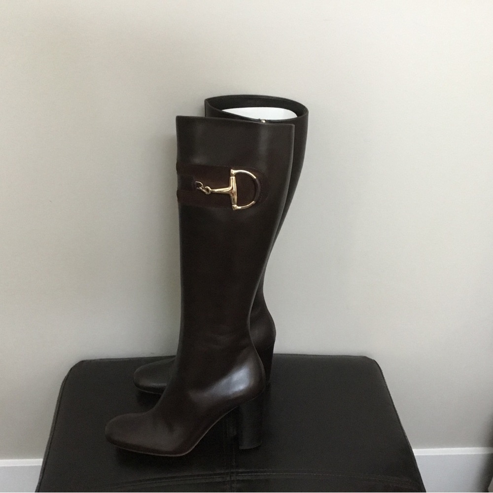 Gucci Women's Dark Brown Heeled Boots with Gold Accents - Picture 3 of 5